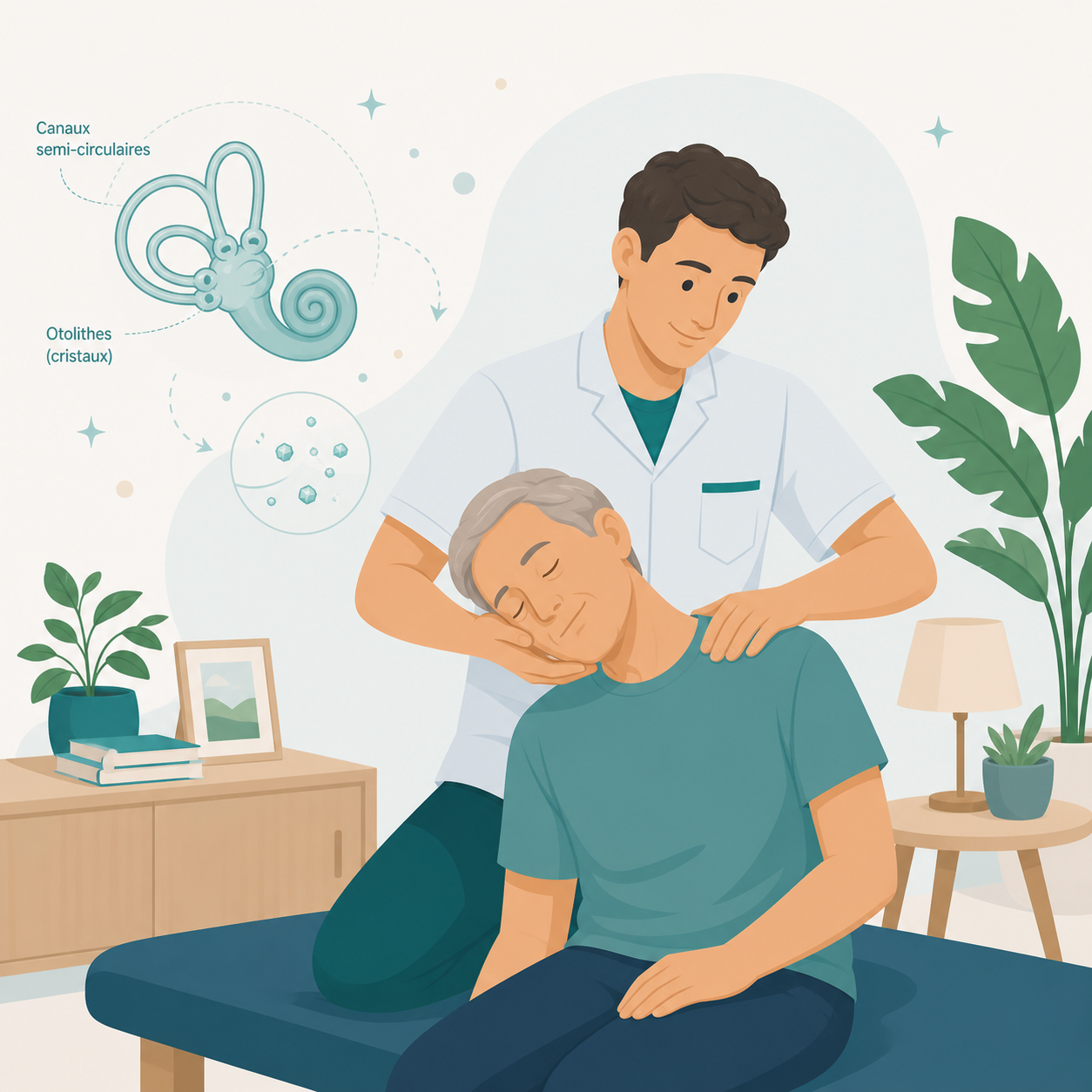 Kinésithérapeute réalisant une manœuvre vestibulaire à domicile
